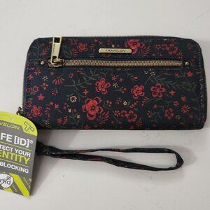 Travelon Safe ID‎ Navy Floral Wristlet Wallet RFID Blocking Wraparound Zip NWT